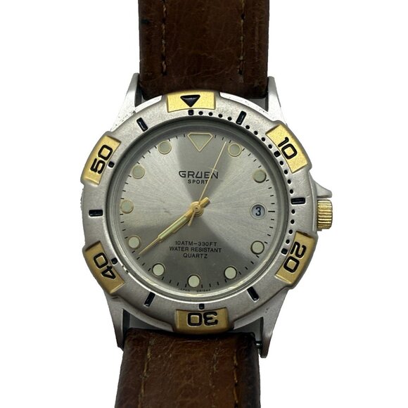 Gruen Sport Watch 001-6M12 WR 10ATM Silver Dial Two Tone Case Date Brown Leather - Picture 1 of 7